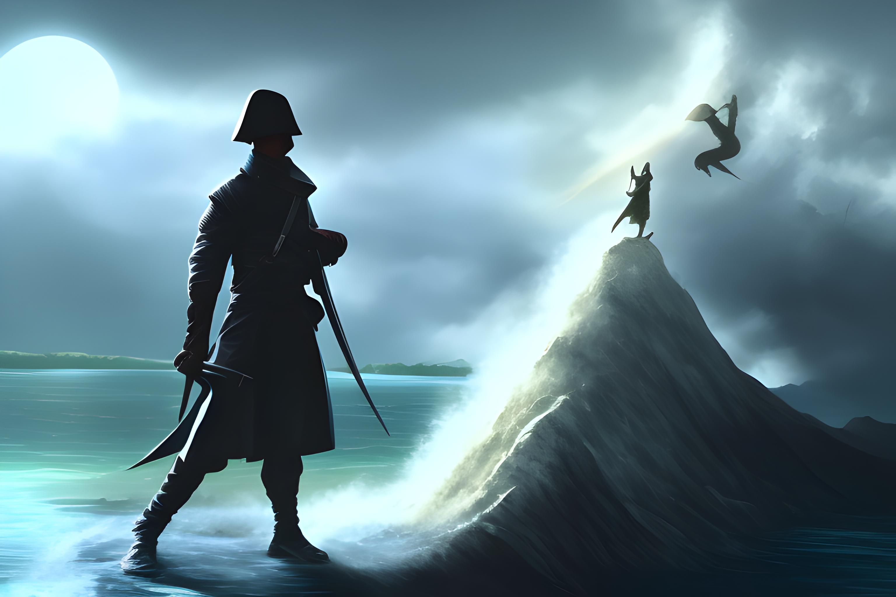 Deux samouraïs combattant près d’un lac avec un dragon les survolant, avec une montagne en fond.
